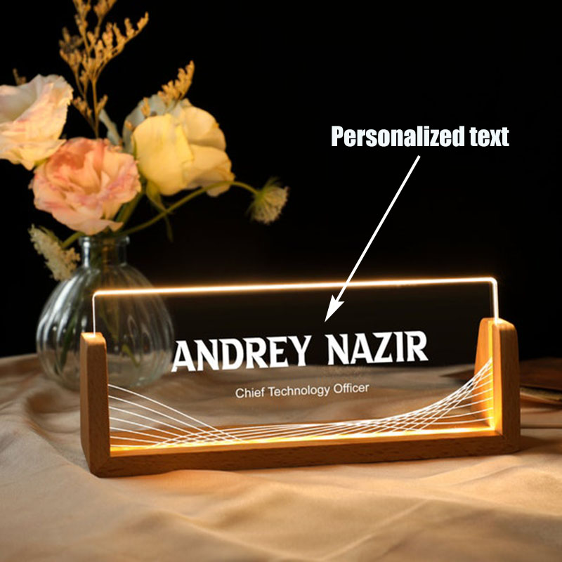 Desk Name Plate - Anpassbares, personalisiertes, beleuchtetes Acryl-Schreibtisch-Namensschild mit Holzsockel,