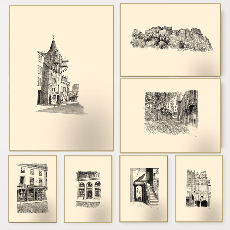 Fountain Pen Ink - Vintage Edinburgh Castle Stiftzeichnung Skizzenposter Schottische
